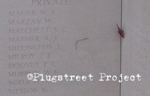 Poppy beside Alan's name on the Menin Gate, Ypres